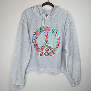 Texas True Threads Women's Peace Sign Floral Graphic Hoodie Sweater Top Gray 2X